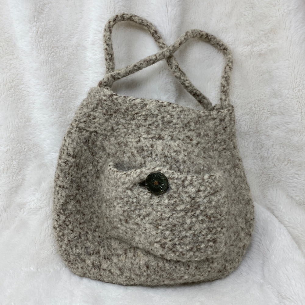 Handmade Knit Mini Purse Bag Pocket and Decorative Button Boho Gray